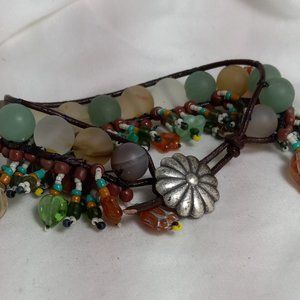 Woven Bracelet w/Semi--Precious Stones, Fringe w/Flowers, Insects, Leaves
